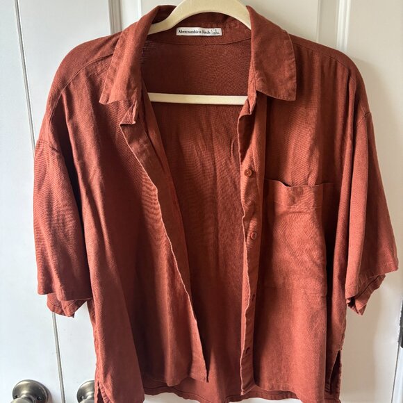 Abercrombie & Fitch Oversized Pocket Front Linen Button Down Short Sleeve Rust - Picture 1 of 6